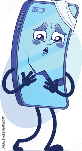 Unhappy broken smartphone character vector illustration