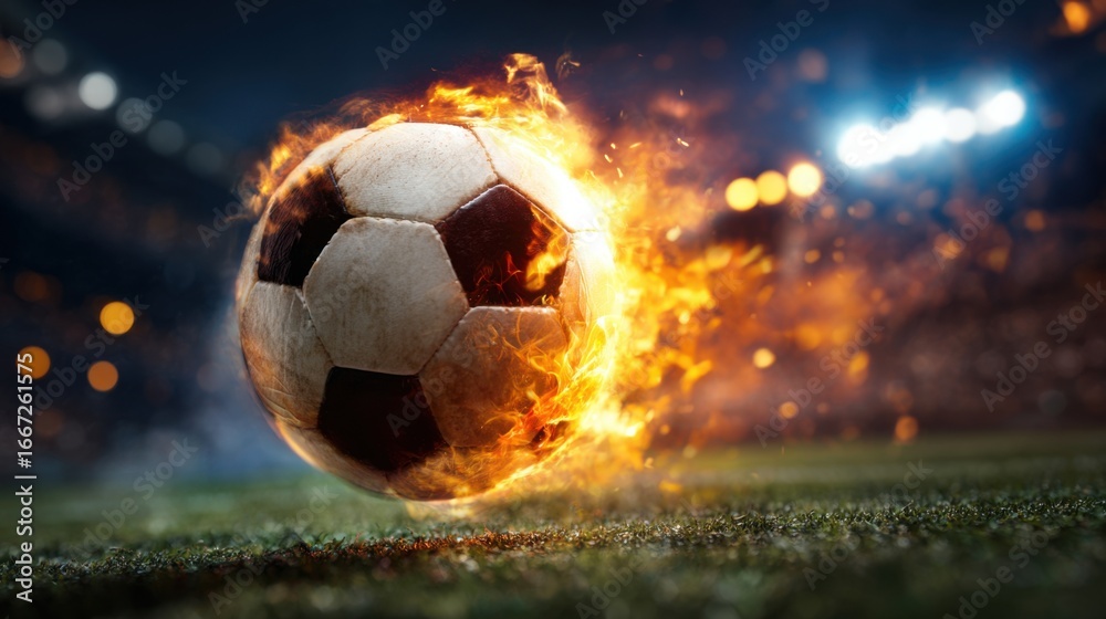 Naklejka premium A soccer ball surrounded by flames moves swiftly across a vibrant green pitch. The stadium is alive with cheers from passionate fans, illuminating the night sky