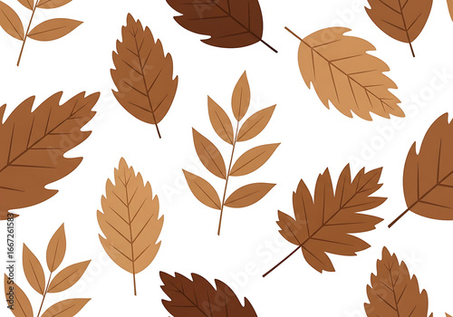 A symmetrical design features various autumn leaves in muted brown tones on a dark background.