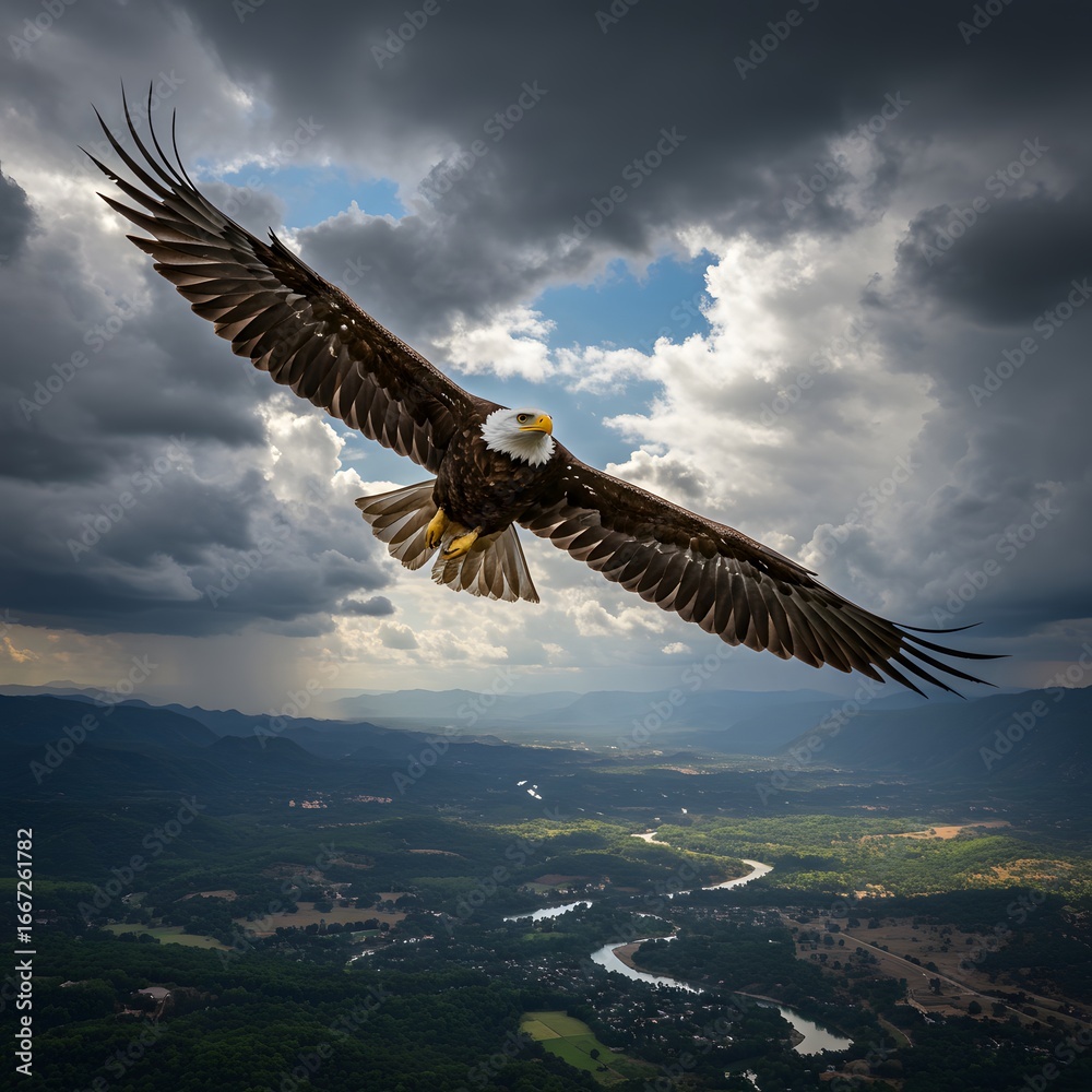 Fototapeta premium Majestic bald eagle soaring through dramatic stormy clouds over a scenic valley