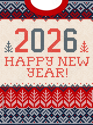2026 Knitted Happy New Year Design Festive Holiday Ugly Sweater Pattern . Invitation Knitted Holiday Design