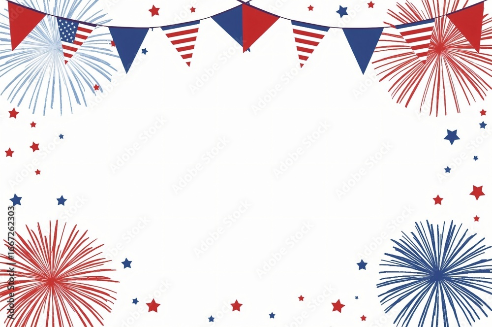 Obraz premium Patriotic Celebration Frame Fireworks, Bunting, Stars