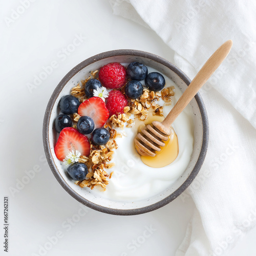 Healthy breakfast with yogurt, granola and fresh berries