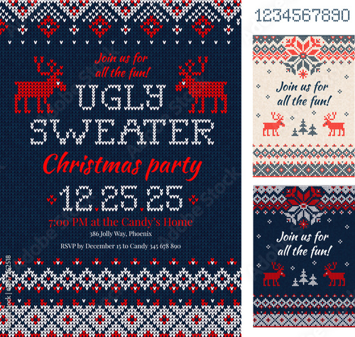 Ugly Sweater Christmas Party cards. Knitted pattern. Scandinavian style deers