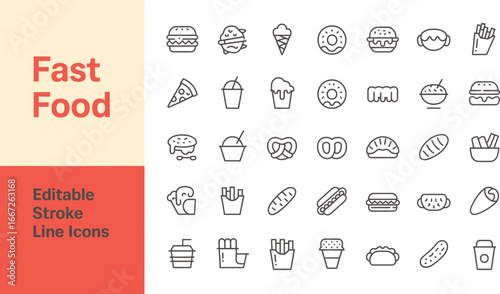 Fast food icons burger pizza donut fries sandwich pretzel taco editable stroke line icons vector set silhouette
