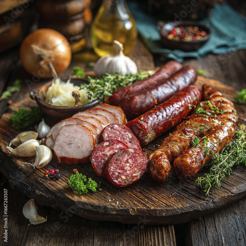Assorted smoked sausages and meat with garlic and herbs on a wooden board