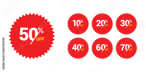Red starburst sale badges vector discount offer stickers.