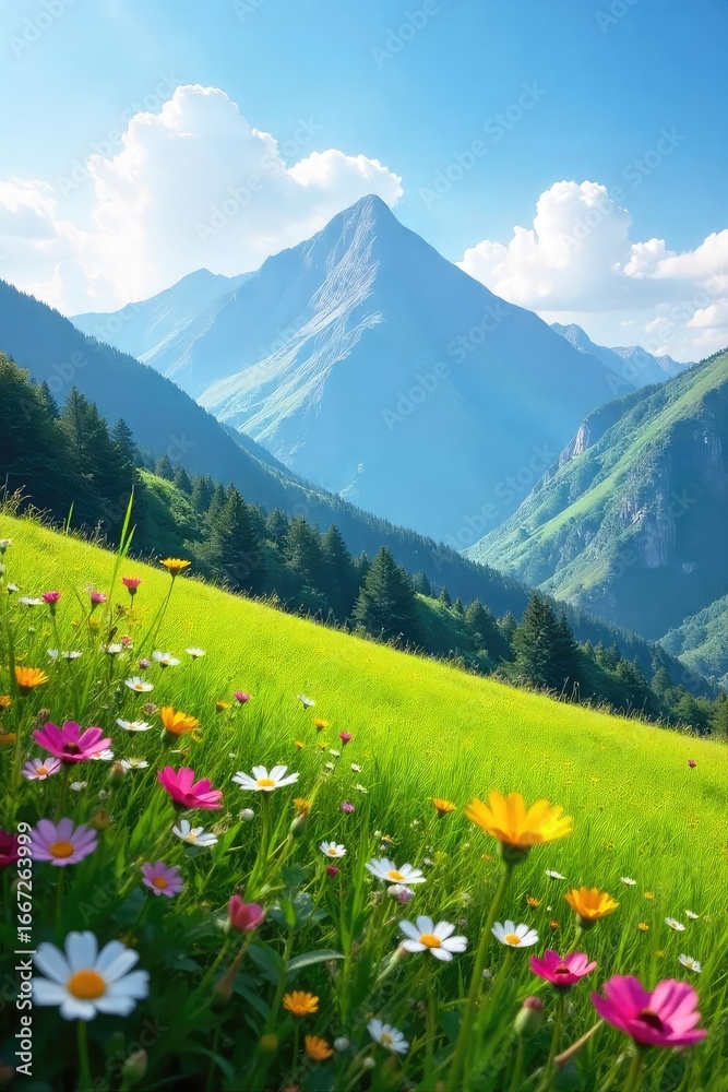 Fototapeta premium Serene mountain meadow bathed in sunlight, wildflowers in bloom, rolling green hills, clear blue sky A peaceful landscape perfect for nature lovers , ecosystem, summer, meadow