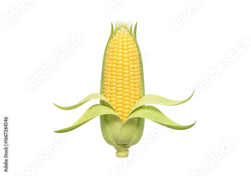 A vibrant, isolated ear of corn, with bright yellow kernels and vivid green husks, is presented against a pure black backdrop.