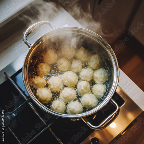 Boiling dumplings in a pot of water
