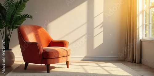 Serene scene of a plush velvet chair bathed in soft sunlight, inviting relaxation and tranquility Perfect for home decor, comfort, and luxury themes , peaceful, armchair