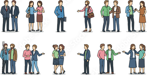 Business and casual people, talking pairs, communication poses, flat vector illustration, social interaction, body language, minimal design, white background