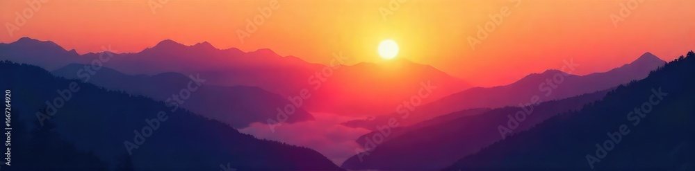 Obraz premium Silhouetted mountains rise majestically from a misty valley floor at sunrise, creating a breathtaking panoramic view Perfect for travel, nature, and adventure themes , peak, sun, stones