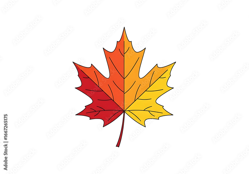 Fototapeta premium Vibrant autumnal maple leaf design with gradient colors against a black background.