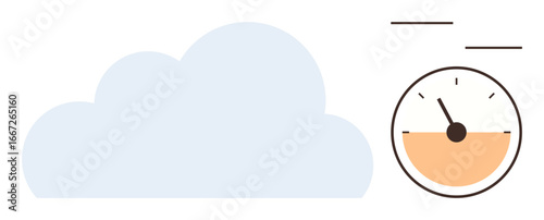 Large cloud next to a speedometer with an arrow indicating speed or progress. Ideal for technology, cloud computing, performance, efficiency, speed, data management, innovation. Modern flat metaphor