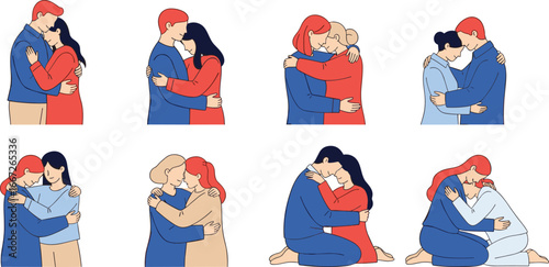 Hugging illustrations, emotional support, comforting gestures, flat vector art, human connection, affectionate poses, minimal design, white background