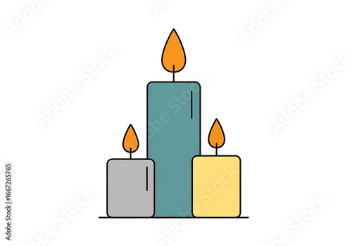 Three simple candles in teal, gray, and yellow, lit with orange flames, create a serene and peaceful visual.