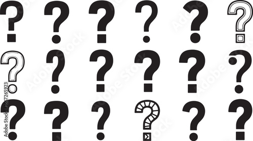 Collection of hand-drawn question marks with outline border and outline fill in black and white