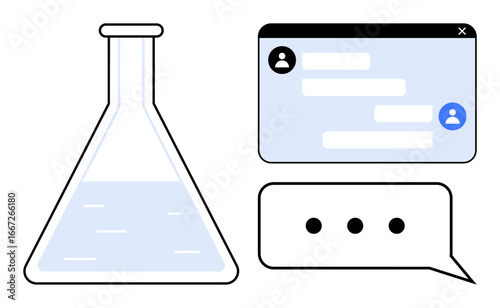 Glass flask partially filled with liquid, message bubbles, and chat window. Ideal for science, education, innovation, collaboration, digital communication, research and a simple landing page