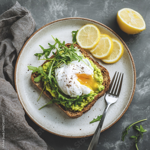 Avocado toast with poached egg and arugula