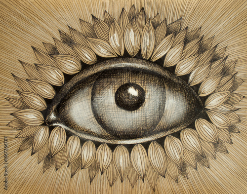 Hand drawing of an eye on wrapping paper