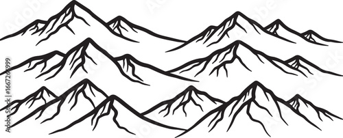 Majestic hand-drawn mountain range panorama capturing rugged peaks and valleys