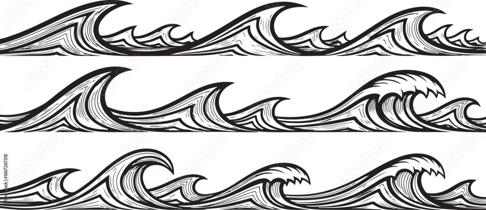 Fototapeta premium Detailed hand drawn ocean waves border design seamless pattern line art