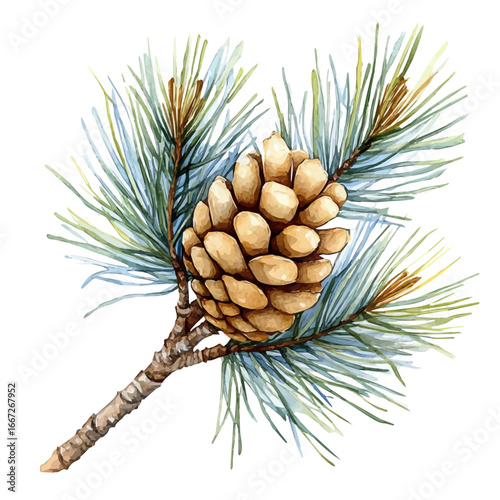 Winter Pine Branch, watercolor vector, isolated on a white background.