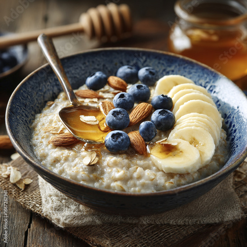 Oatmeal with banana blueberries almonds and honey