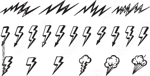 Rough hand drawn lightning bolt symbols and energy crackles for design projects