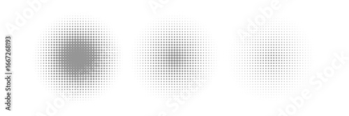 Set of halftone dots gradient pattern texture isolated on white background. Straight dotted spots using halftone circle dot raster texture. Vector blot half tone collection.