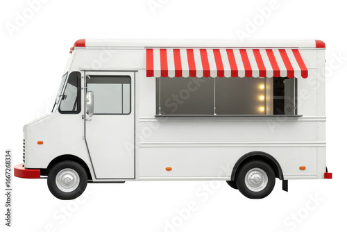 White food truck with red and white awning isolated on transparent background