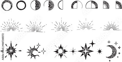 Mystical celestial elements collection featuring moon phases stars and sunburst designs