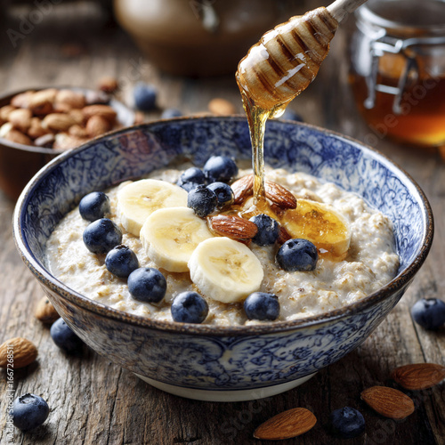 Oatmeal with banana blueberries almonds and honey