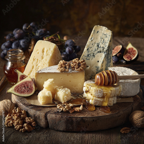 Cheese platter with figs, walnuts, and honey