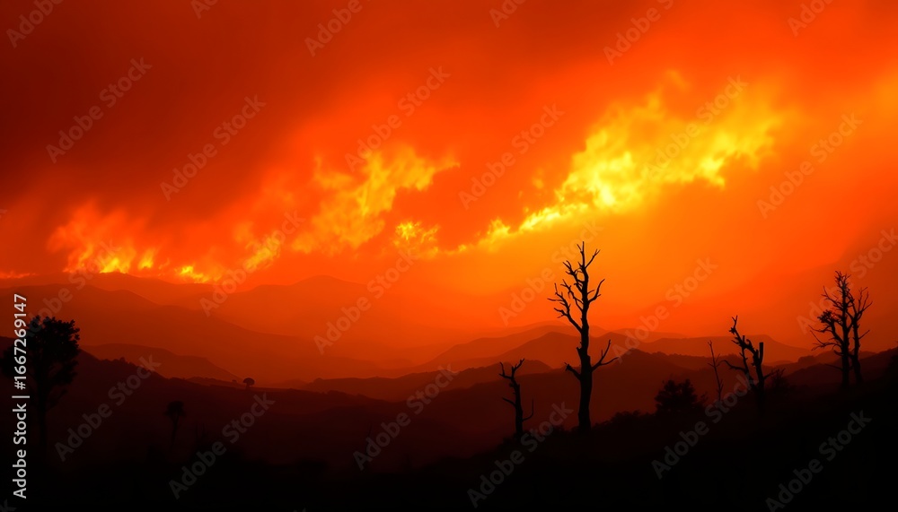 Fototapeta premium A stunning orange and red sunset casts a fiery light across the forest's silhouette