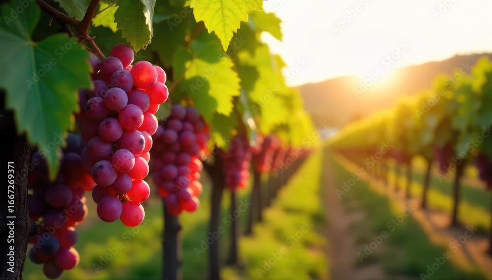 Fototapeta premium Sun-drenched rows of ripening grapes hanging heavy on the vine, ready for harvest at a picturesque winery Lush green leaves frame the vibrant fruit , nature, beverage