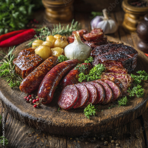 Assorted smoked sausages and meat with garlic and herbs on a wooden board