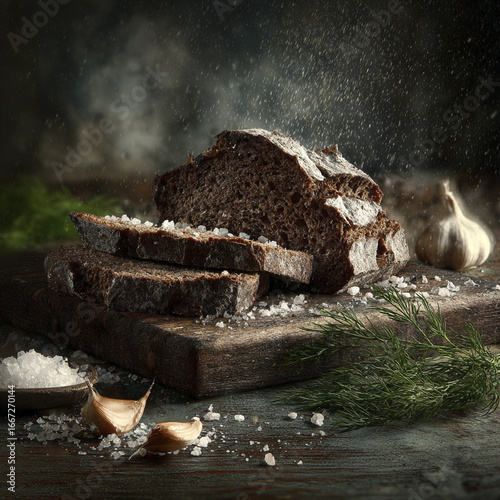 Rustic rye bread with garlic and dill