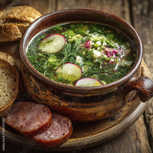 Traditional okroshka soup with vegetables and sausage