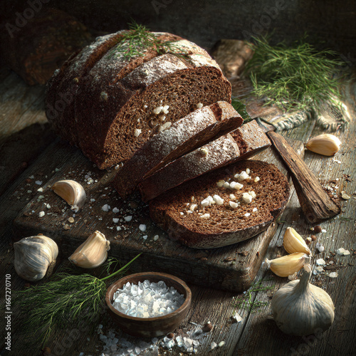 Rustic rye bread with garlic and dill