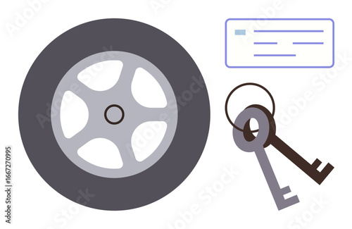 Car wheel, keyring with keys, and document indicating ownership or registration. Ideal for themes thumbs up transportation, ownership, safety, car rental, documentation, security simple flat