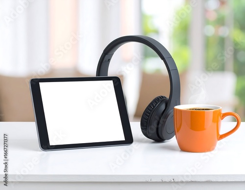 Digital Relaxation: Tablet, Headphones, and Coffee for a Modern Comfortable Break