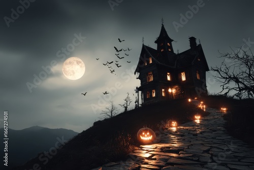 A spooky haunted house on a hill under a full moon, with a glowing pumpkin in the foreground.