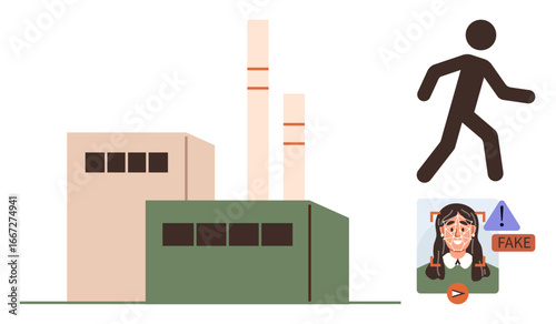 Factory buildings with chimneys, silhouette of a walking person, warning sign with fake information badge. Ideal for production, pollution, misinformation, alertness, environment, ethics movement