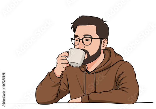 A stylish man enjoys a morning coffee. He?s wearing glasses and a hoodie, with a detailed beard. A warm, inviting scene with a focus on relaxation and a casual lifestyle.