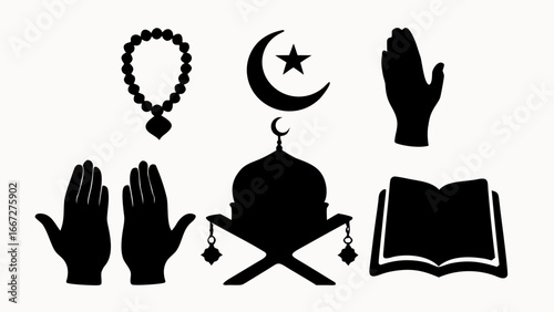 Illustration of islamic symbols including prayer beads, hands, mosque, moon and star, and quran book created with generative ai