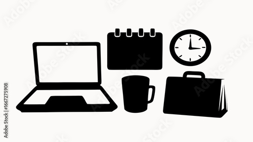 Illustration of laptop calendar clock mug and briefcase in black and white office elements theme created with generative ai