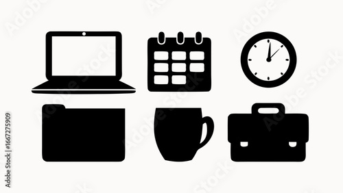 Illustration of office icons including a laptop calendar clock folder mug and briefcase on white created with generative ai