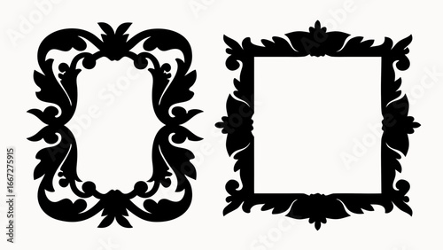 Two decorative frames with ornate floral designs in black silhouette on a white background are shown here created with generative ai